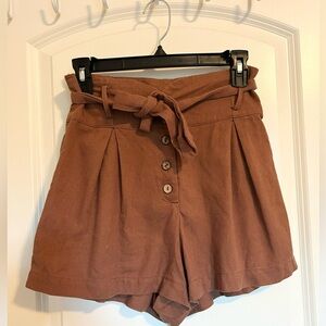 Hallelu boutique Brown linen Button-Up shorts with belt